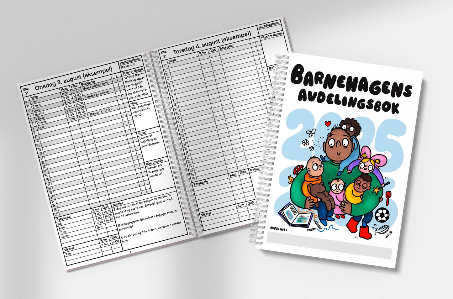 Barnehagens Avdelingsbok produktbilfe med eksempelskjema